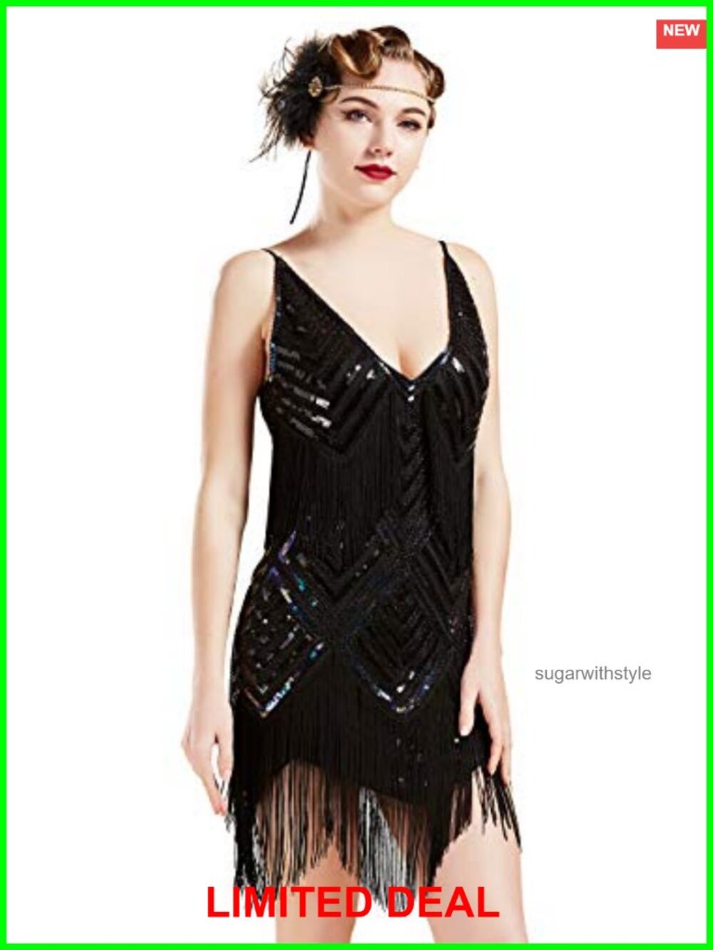 1920s Flapper Dress V Neck Sleeveless Sequin Fringe Gatsby Party Midi
